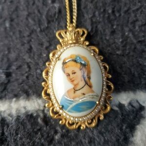 Antique Limoges France Hand Painted Porcelain 2"  Cameo Pendant & 24" Chain